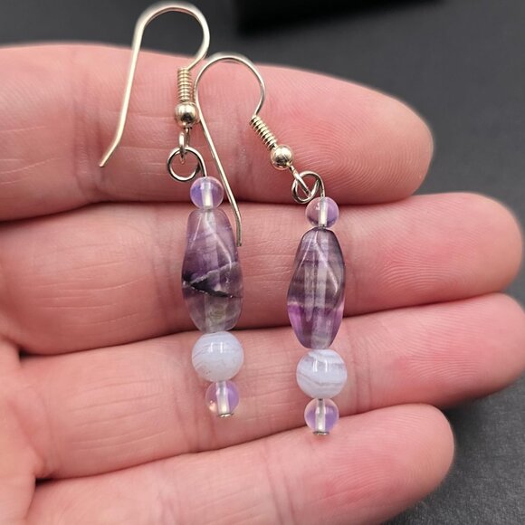 Silver Plated Fluorite And Agate Stones Dangle Earrings A6482 - Picture 3 of 5